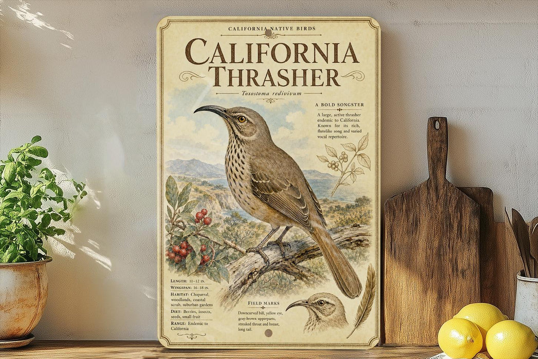 a vintage-style poster of a California thrush, a bird species native to the state, displayed on a shelf alongside a wooden cutting board and some lemons.