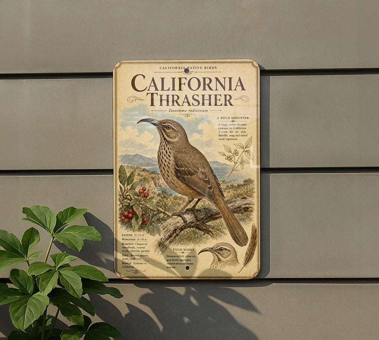 a vintage-style metal sign with illustrations of a California thrush bird, placed on a wall next to a plant.