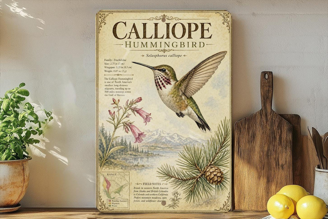 a vintage-style poster of a Callihorn Hummingbird, with a detailed illustration of the bird in flight and various plant life surrounding it. The poster is displayed on a wooden shelf, with a potted plant and a wooden cutting board visible in the background.