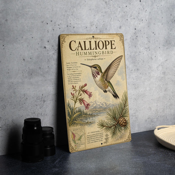 a vintage-style metal sign with a detailed illustration of a hummingbird, surrounded by flowers and pine cones, placed on a gray countertop next to a stack of black camera lenses.