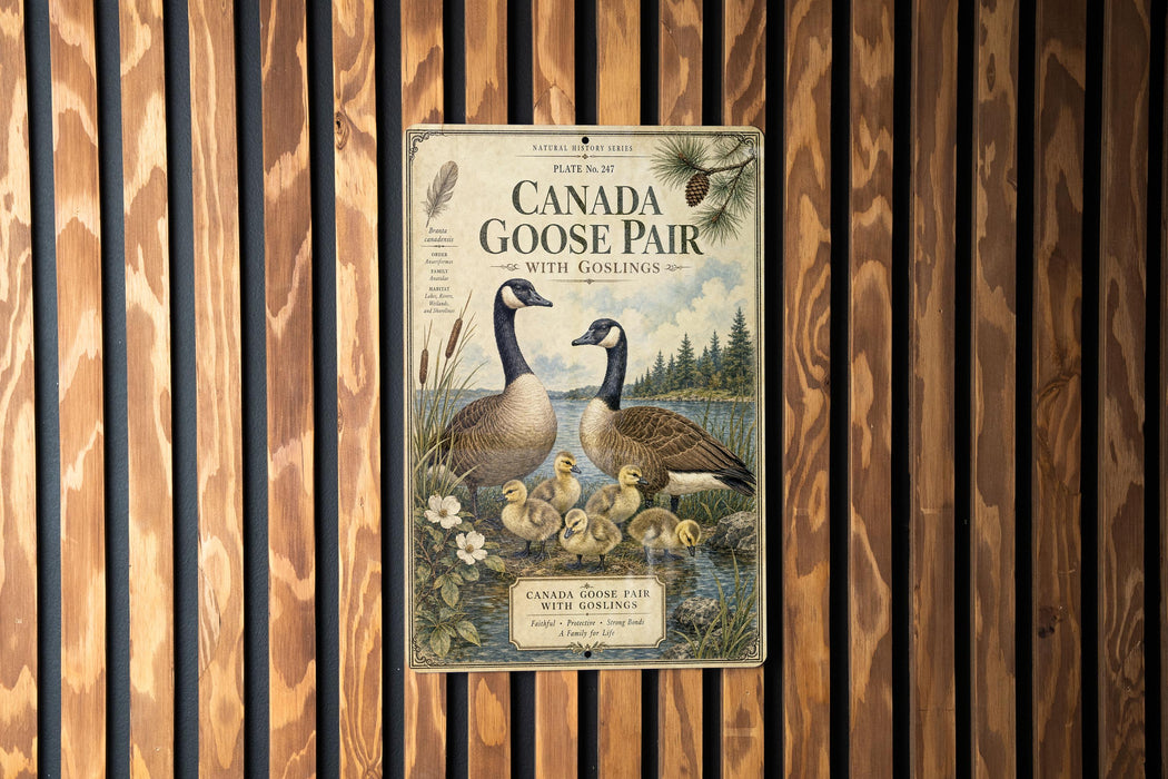 A vintage-style poster of two Canadian geese, with text and illustrations, is displayed on a wooden wall.