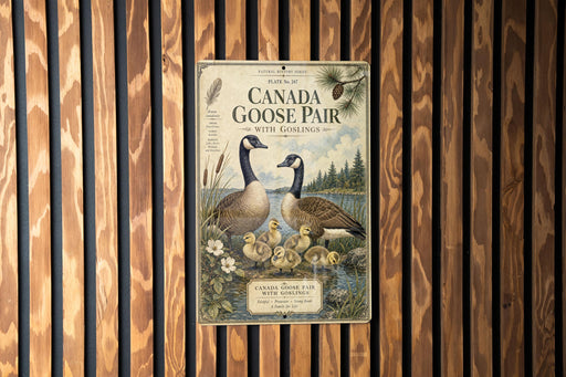 A vintage-style poster of two Canadian geese, with text and illustrations, is displayed on a wooden wall.