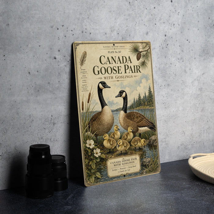 a vintage-style sign for a Canadian goose pair, with illustrations of two Canadian geese and their ducklings.