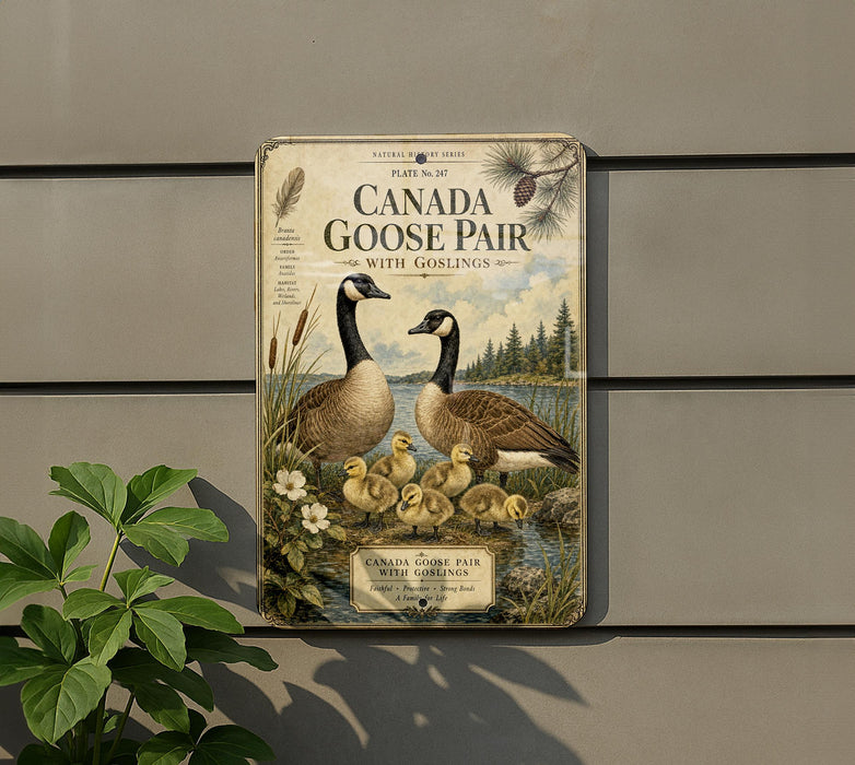 A vintage-style metal sign with a depiction of a Canadian goose and its ducklings, surrounded by nature elements such as pine trees and flowers.