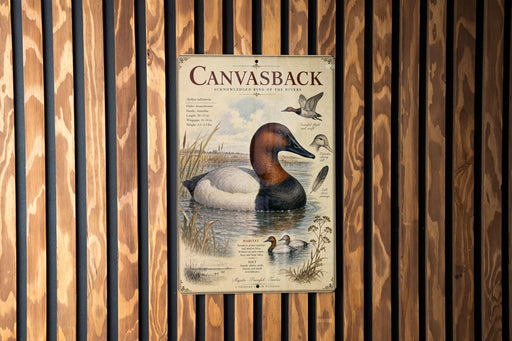 a poster with a duck illustration and text, mounted on a wooden wall.