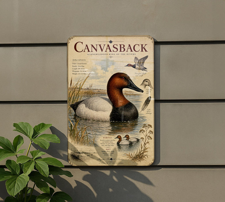 a metal sign with a painting of ducks and a bird, mounted on a wall next to a plant.