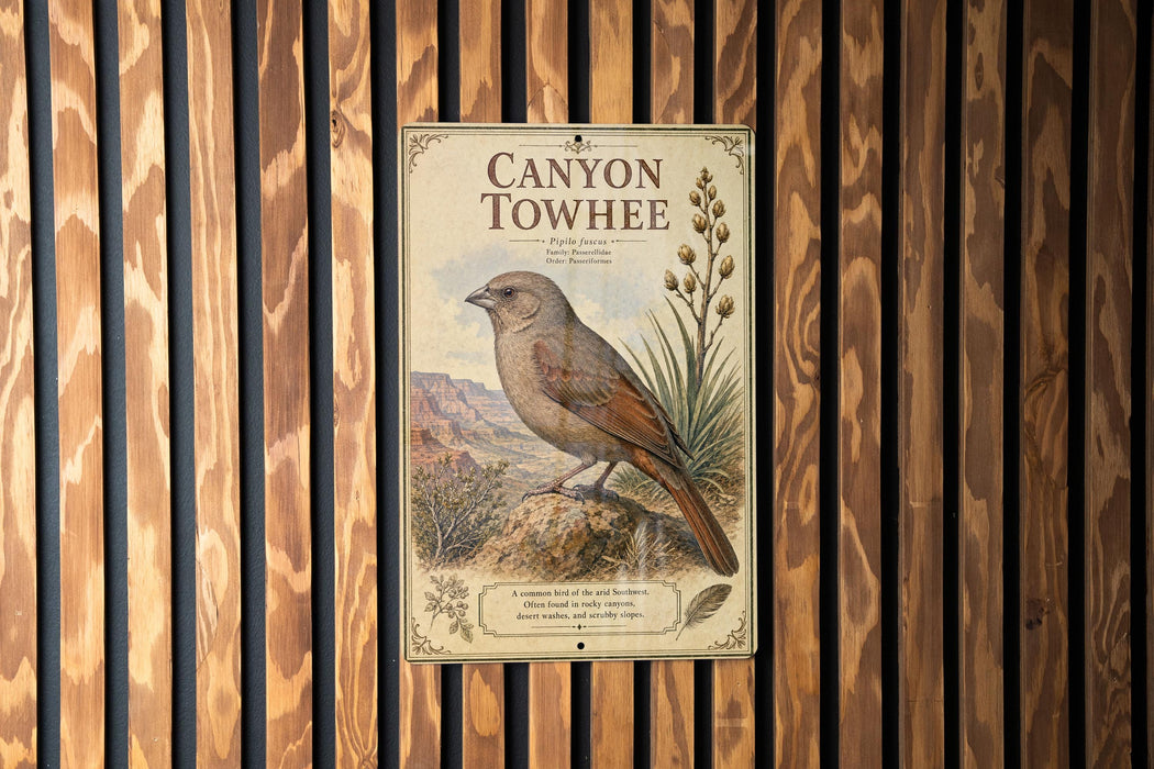 A vintage-style sign for "Canyon Towhee", featuring a bird illustration and text, is displayed on a wooden wall.