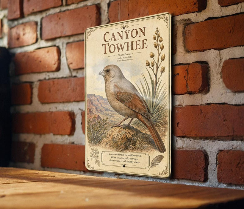 a vintage-style metal sign with a bird illustration, mounted on a brick wall.