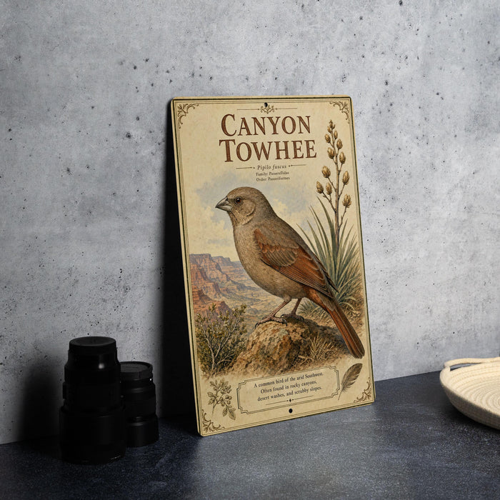 A vintage-style metal plaque depicting a bird, likely a canyon towhee, standing on a rock in a desert landscape.