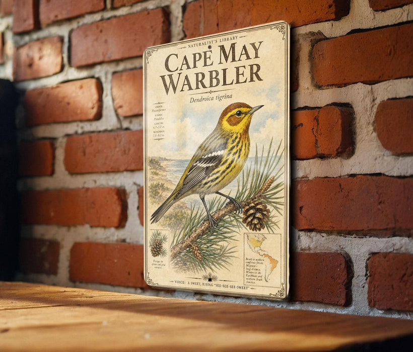 a vintage-style metal sign with a bird illustration, mounted on a brick wall.