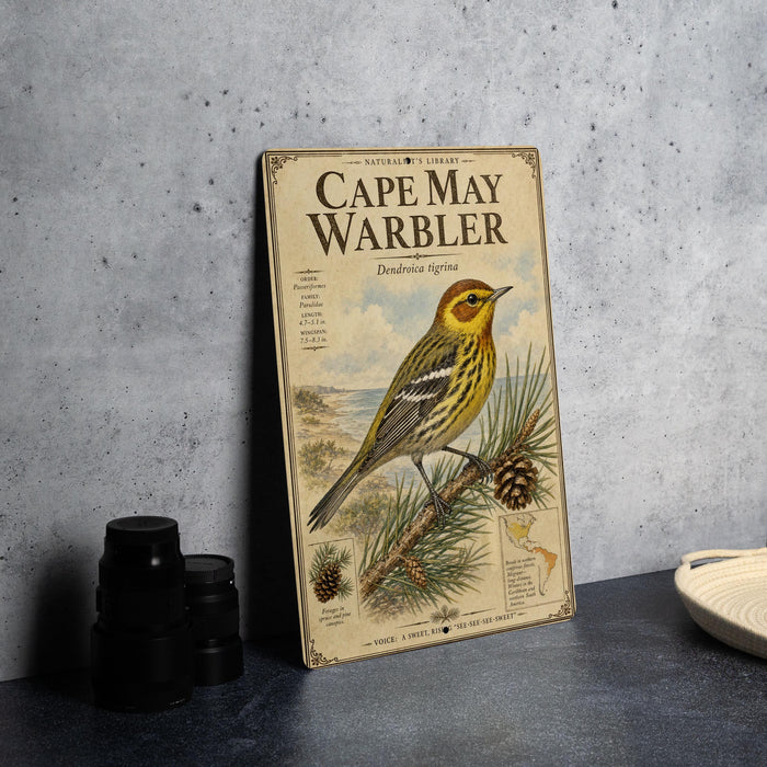 a vintage-style book or magazine cover with a bird illustration, placed on a table next to some black camera lenses.