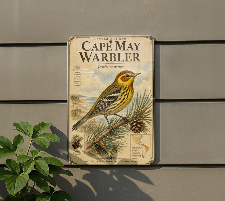 a vintage-style metal sign with a bird illustration, mounted on a wall next to a plant.