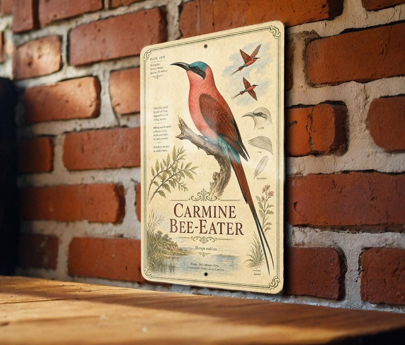 A vintage-style metal sign featuring a colorful illustration of a bird, likely a bee-eater, perched on a branch against a brick wall.