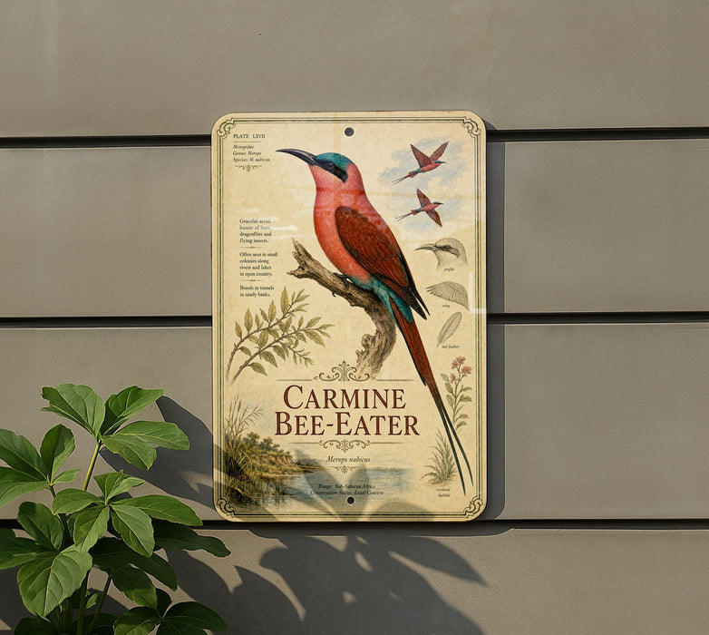 a sign with a bird illustration and text, mounted on a wall next to a plant.