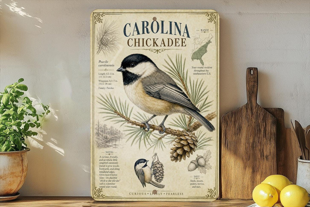 A vintage-style metal sign featuring illustrations and text about the Carolina Chickadee, a small bird with a black cap and gray body, perched on a pine branch.