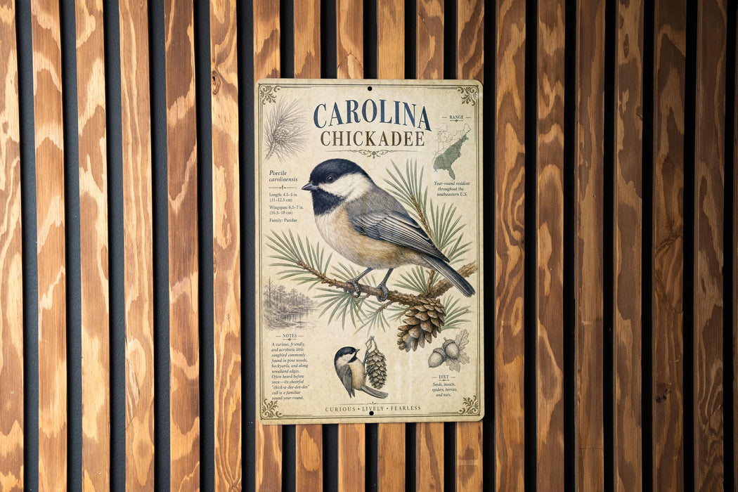 A metal sign with a bird illustration and text is mounted on a wooden wall.
