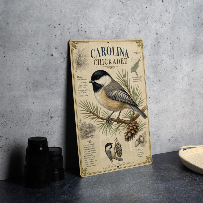 A metal sign displaying information about the Carolina Chickadee, a small bird with a distinctive black cap and brown body, perched on a branch with pine cones.
