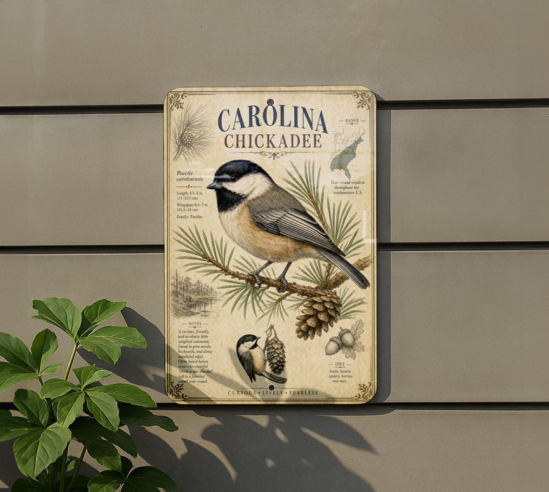 A metal sign with illustrations and text about Carolina Chickadee birds is mounted on a wall, with a plant to the left.