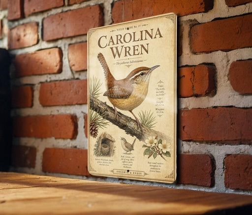 a vintage-style metal sign with illustrations and text, mounted on a brick wall.