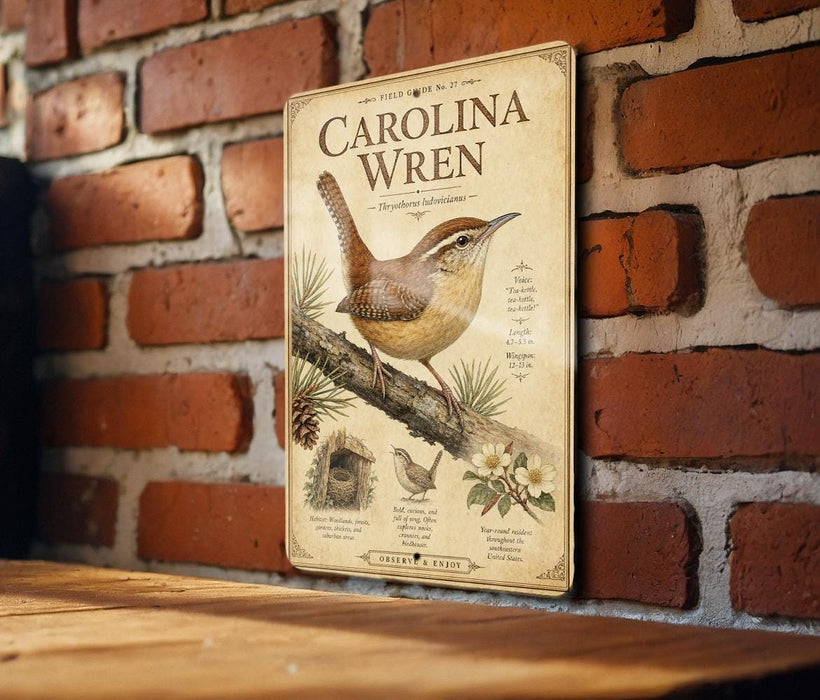 a vintage-style metal sign with illustrations and text, mounted on a brick wall.