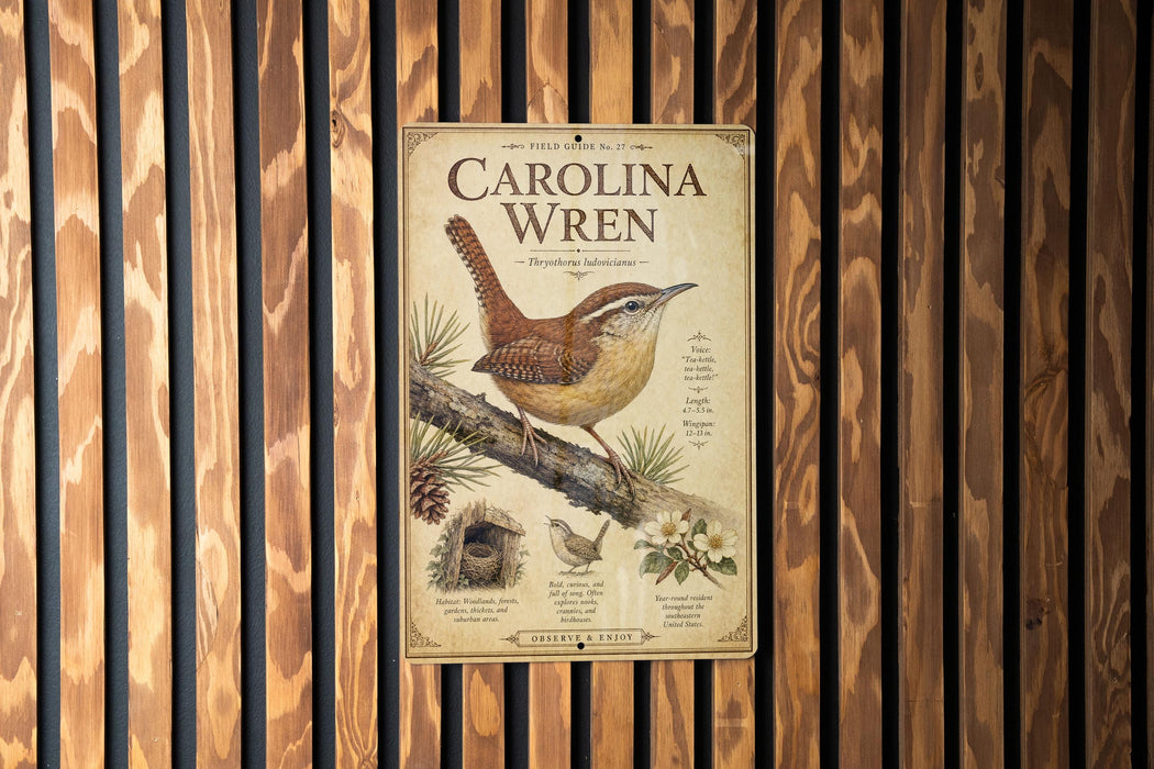 a poster of a Carolina Wren, a bird, mounted on a wooden wall.