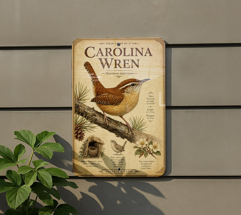 a metal sign with a bird illustration, mounted on a wall next to a plant.