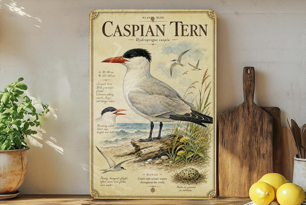 a vintage-style poster of a Caspian Tern, a large seabird, displayed on a shelf next to a wooden cutting board and some potted plants.