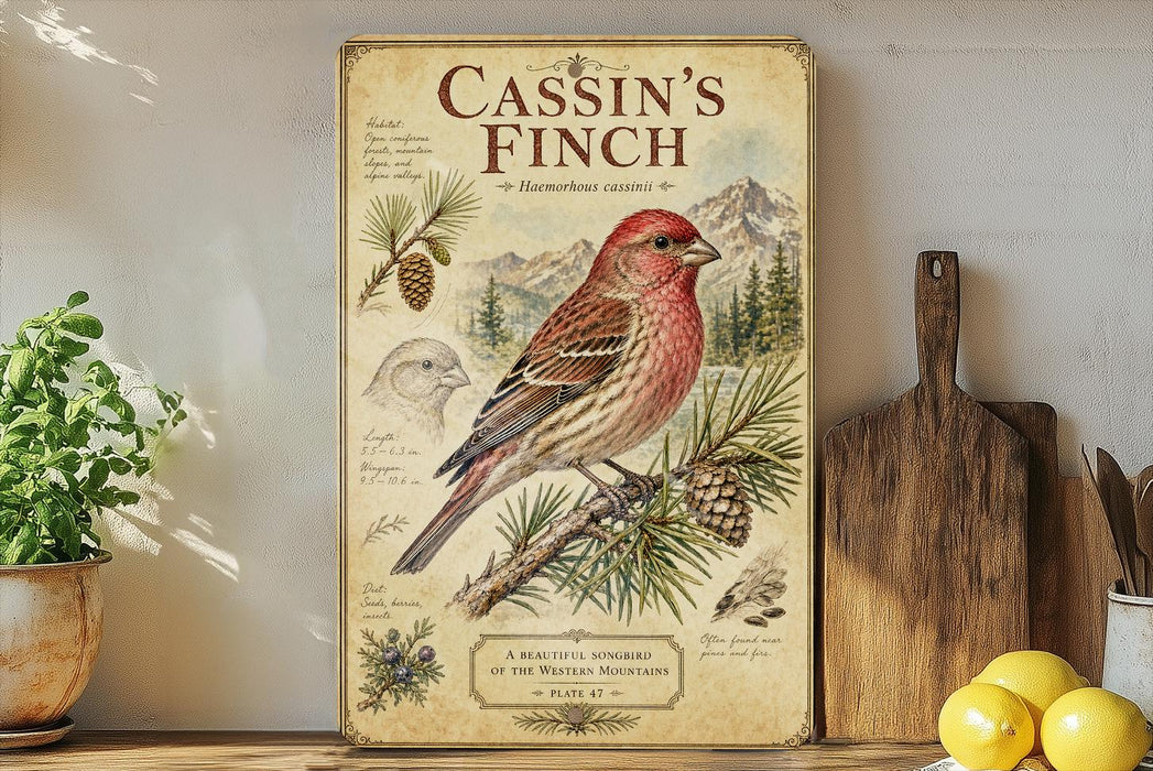 a vintage-style poster of a red bird, likely a finch, perched on a pine branch. The poster is mounted on a wall and includes illustrations of pine cones and other natural elements. The poster also includes text that describes the bird as a "Cassyin's Finch" and a "Hazards Cassinius".