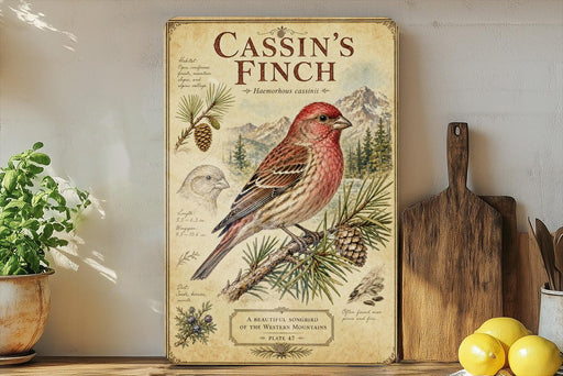 a vintage-style poster of a red bird, likely a finch, perched on a pine branch. The poster is mounted on a wall and includes illustrations of pine cones and other natural elements. The poster also includes text that describes the bird as a "Cassyin's Finch" and a "Hazards Cassinius".