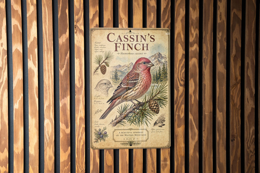 a vintage-style metal sign with a bird illustration, hanging on a wooden wall.