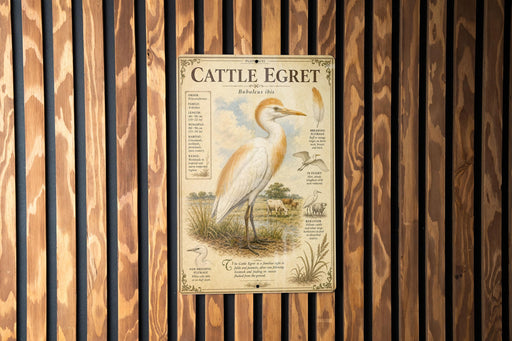 a poster of a white heron with a detailed illustration and text, mounted on a wooden wall.