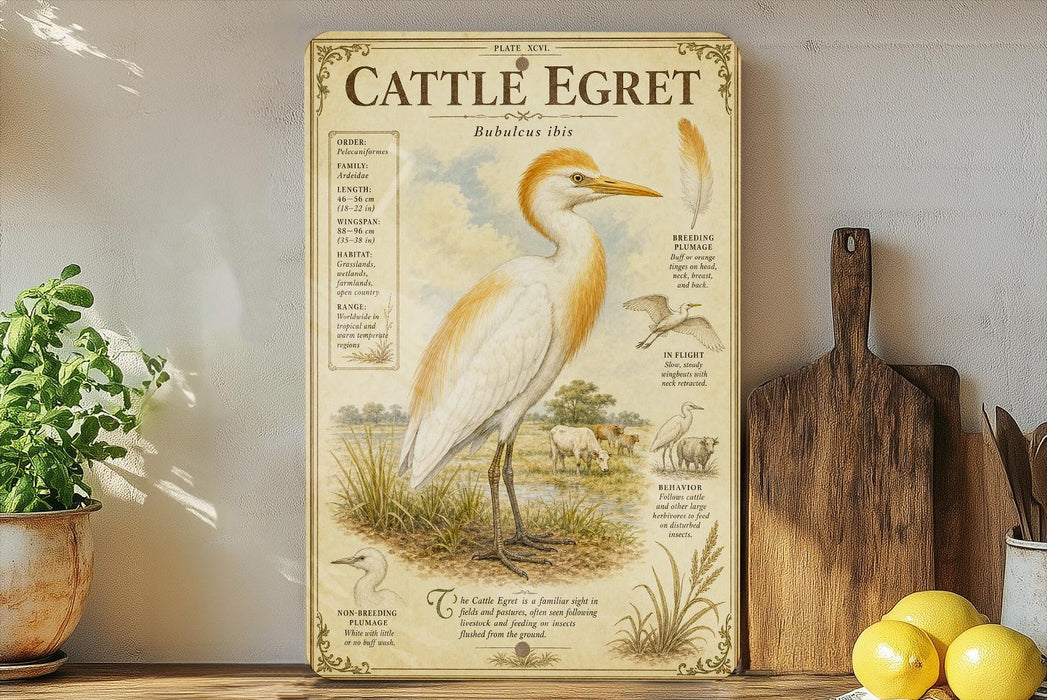 a large illustration of a white heron standing in a grassy field, with various birds and animals in the background.