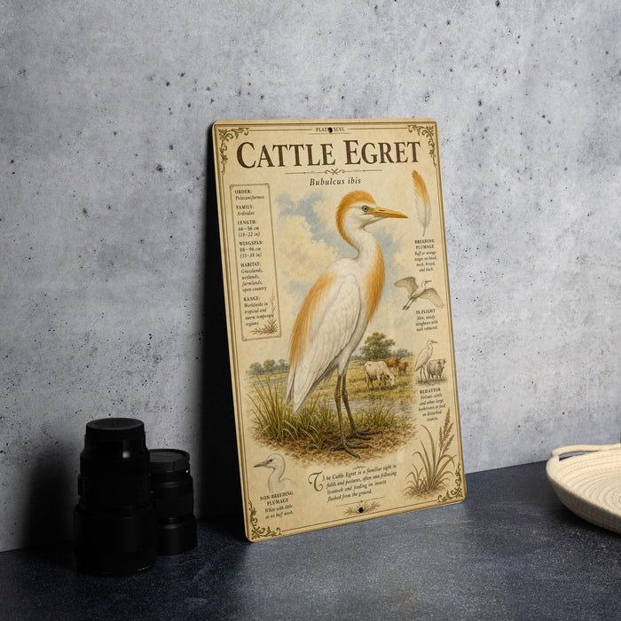 a metal sign with a detailed illustration of a Cattle Egret, a large wading bird, standing in a grassy field. The sign provides information about the species, including its size, habitat, and behavior.