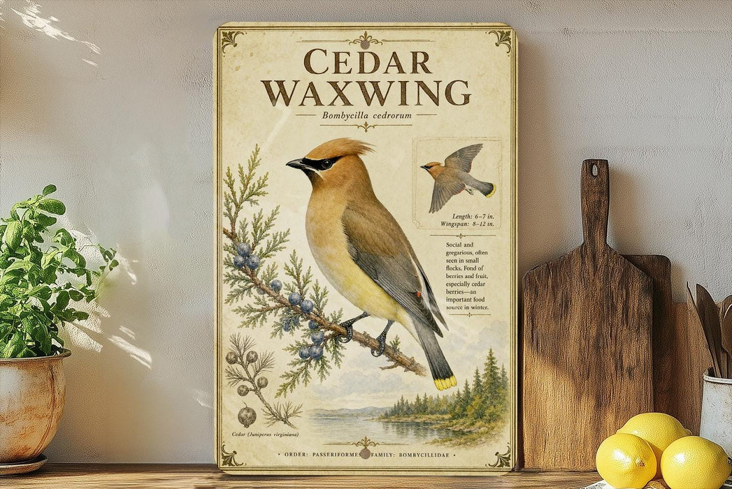 a vintage-style illustration of a cedar waxwing bird perched on a branch, surrounded by pine cones and berries, with a wooden paddle and a potted plant in the background.