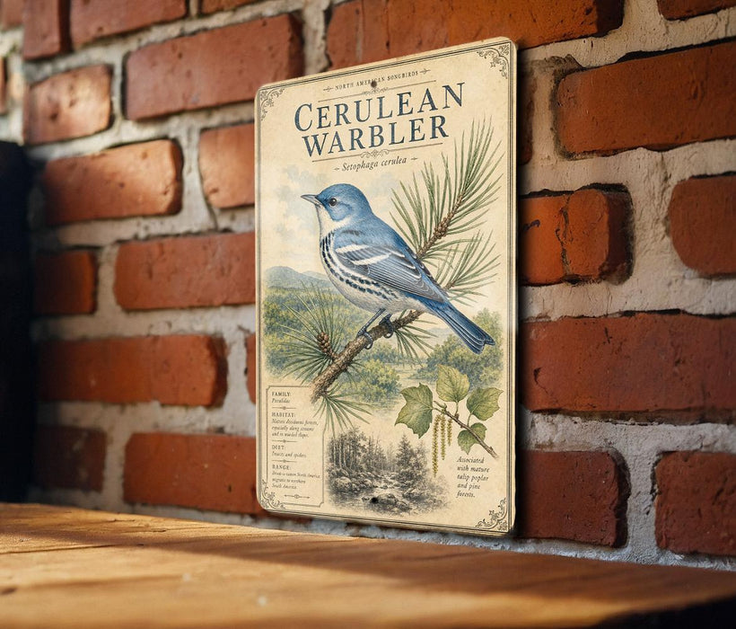 a vintage-style metal sign with a blue bird perched on a branch, mounted on a brick wall.