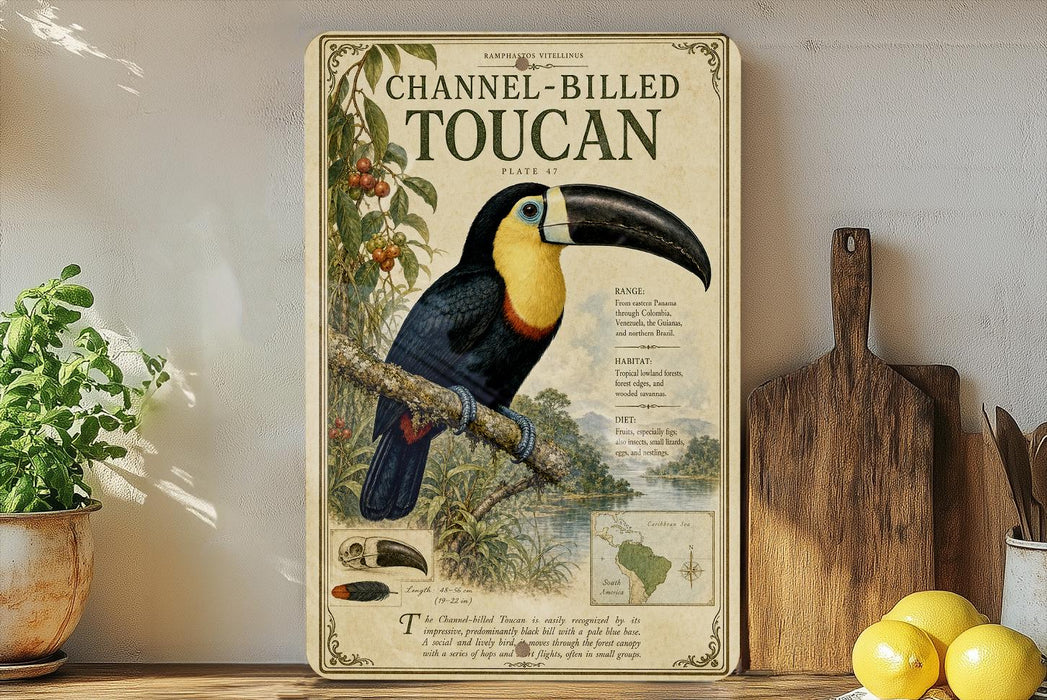 A vintage-style poster of a toucan, featuring a detailed illustration of the bird and its natural habitat, is displayed on a wall next to a wooden cutting board and some kitchen utensils.