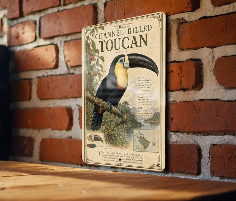 A vintage-style poster of a toucan, featuring a detailed illustration of the bird and its natural habitat, is displayed on a brick wall.