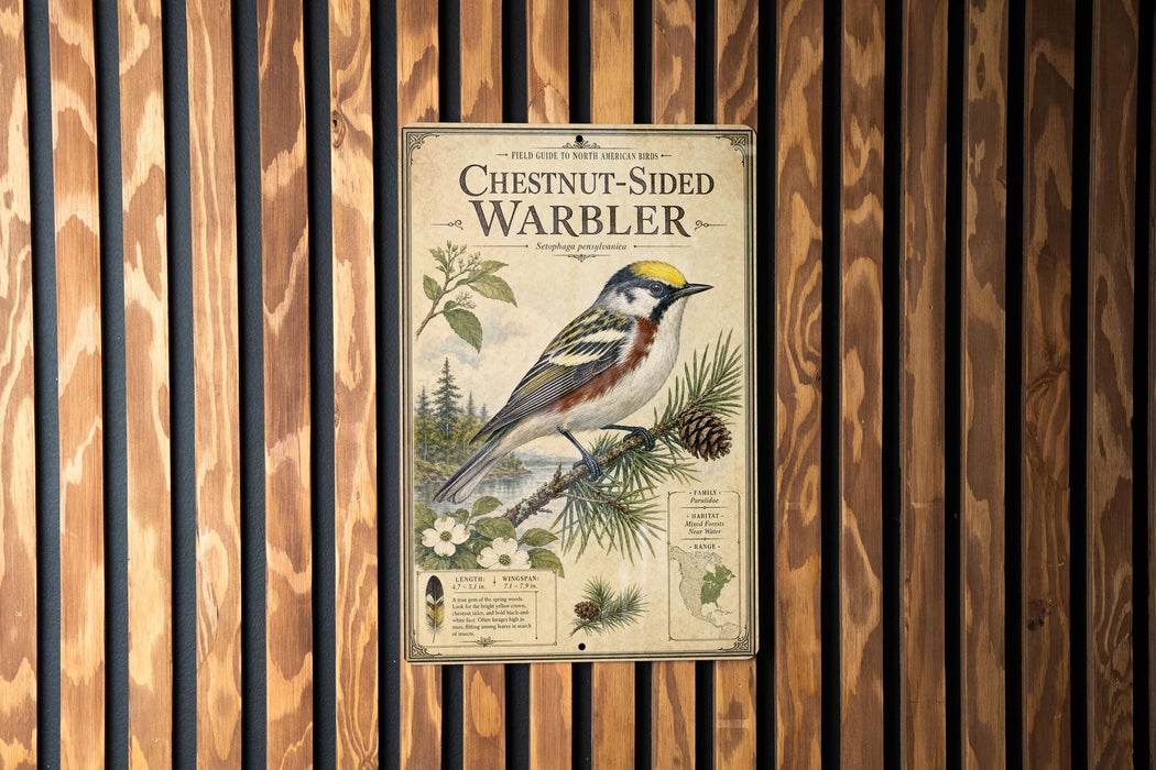 a vintage-style poster of a chestnut-sided warbler, which is a type of bird, mounted on a wooden wall.