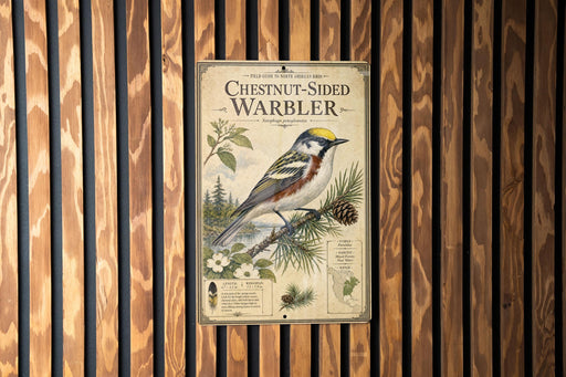 a vintage-style poster of a chestnut-sided warbler, which is a type of bird, mounted on a wooden wall.