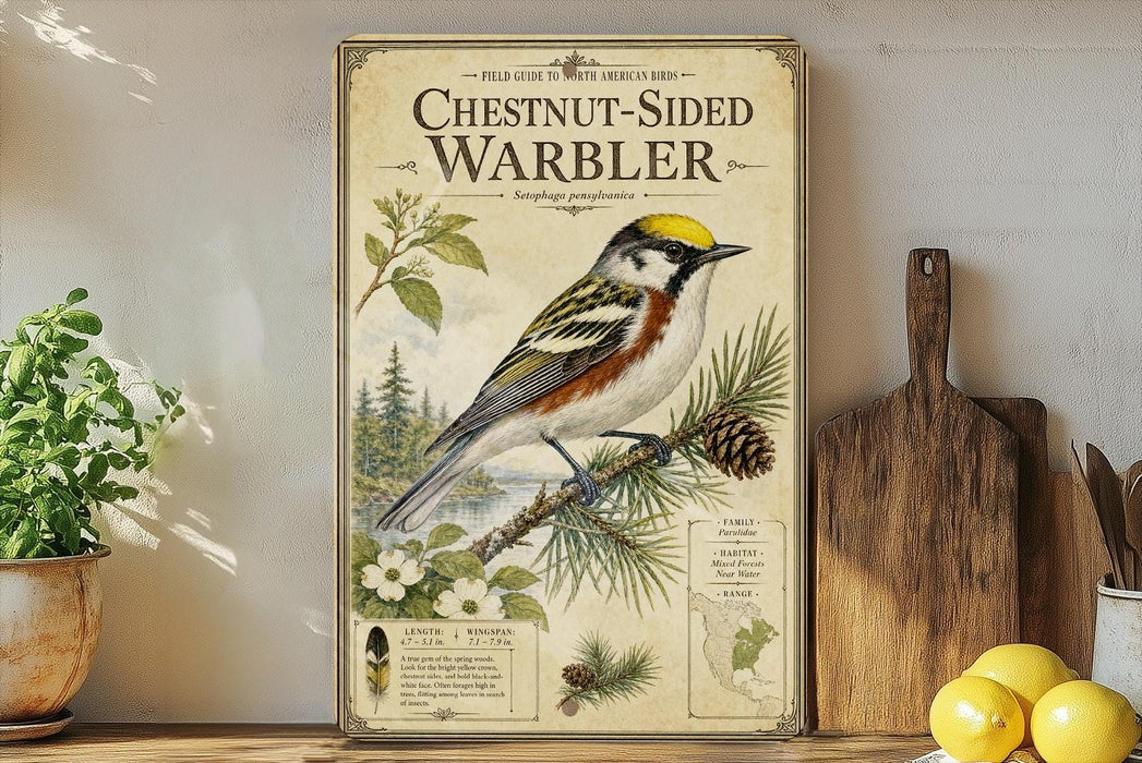 a framed illustration of a chestnut-sided warbler, a type of bird, with a detailed illustration of the bird perched on a branch and surrounded by pine cones and flowers. The frame has a vintage-style design, and the bird is depicted in a realistic manner. The image is placed on a shelf next to a potted plant and a cutting board, creating a homely and rustic atmosphere.