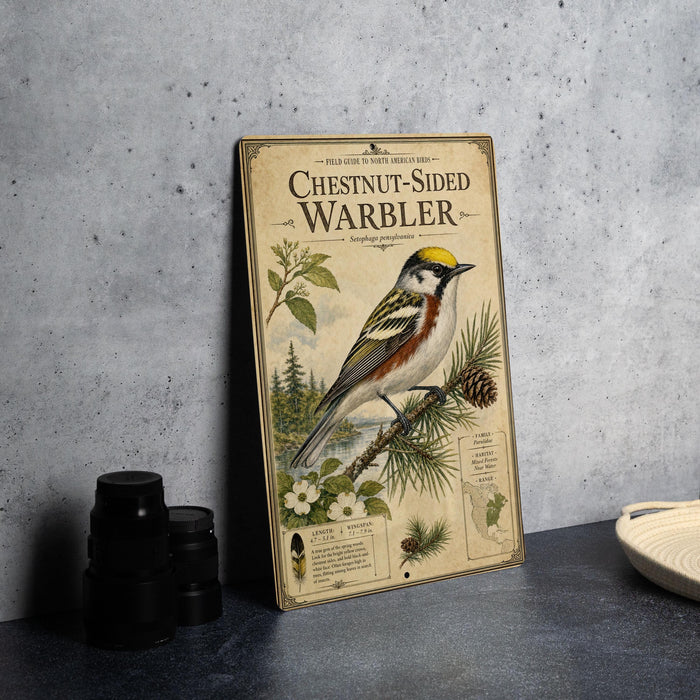 a vintage-style book or magazine cover with a detailed illustration of a bird, specifically a chestnut-sided warbler, perched on a branch with pine cones. The cover also includes text and illustrations related to the bird, such as its habitat, size, and other characteristics.