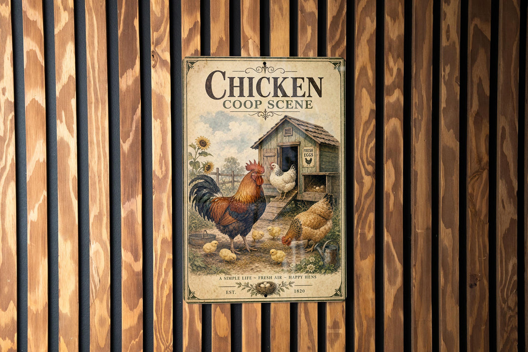 A vintage-style poster of a chicken coop and rooster is displayed on a wooden wall.