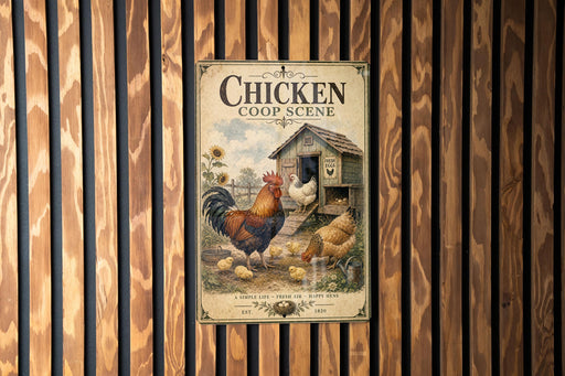A vintage-style poster of a chicken coop and rooster is displayed on a wooden wall.