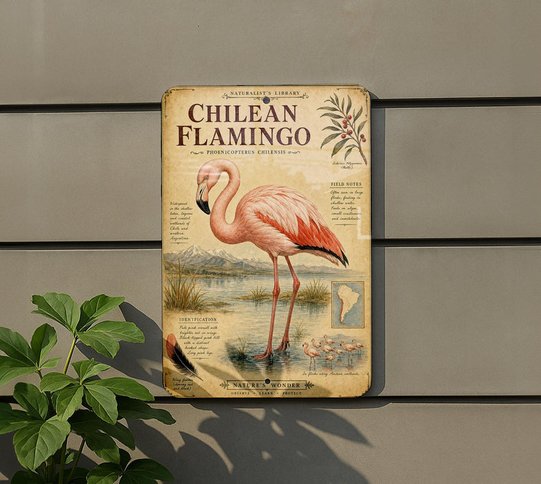 a sign with a detailed illustration of a pink flamingo, accompanied by text and a map, mounted on a wall.