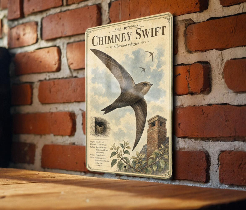 a vintage-style poster of a bird, specifically a Chimney Swift, mounted on a brick wall.