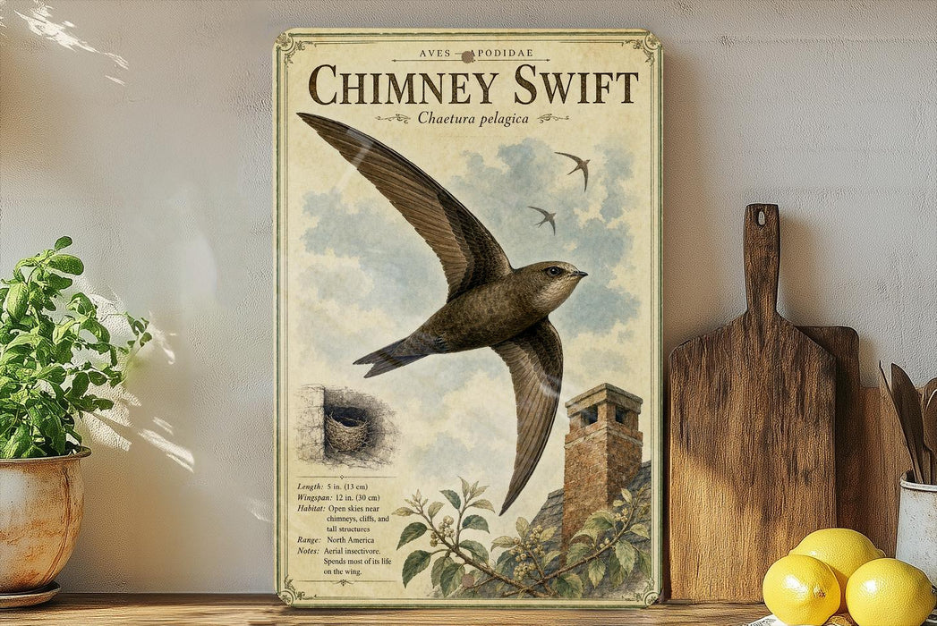 a vintage-style poster of a bird, specifically a Chimney Swift, flying over a brick chimney with a birdhouse below. The poster is displayed on a wall next to a wooden cutting board and a potted plant.
