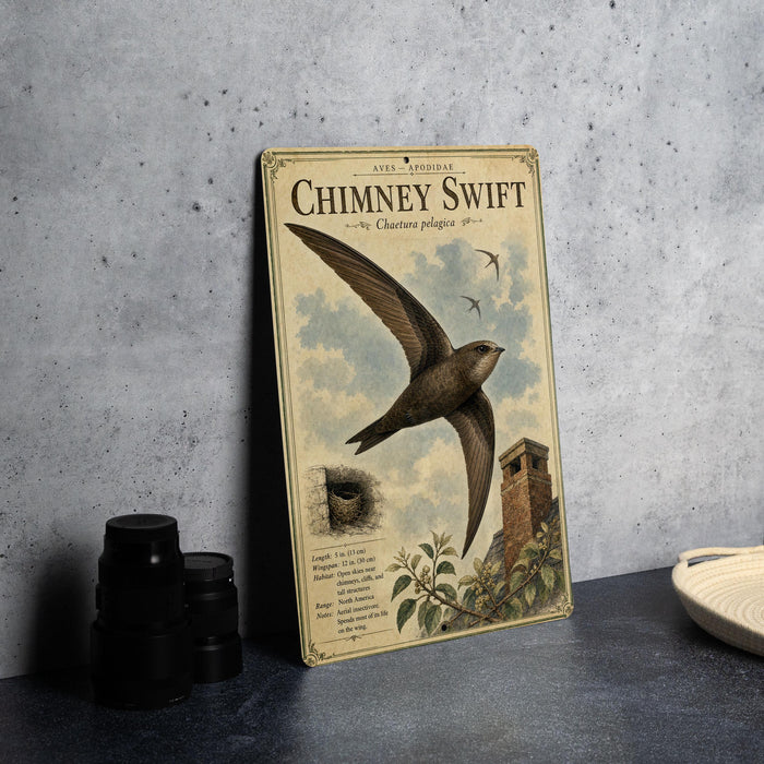 a vintage-style metal plaque with an illustration of a Chimney Swift, a bird known for its distinctive flight pattern. The plaque is placed on a gray surface, with a stack of black camera lenses and a white plate visible in the background.