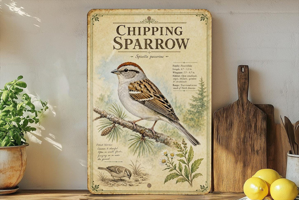 a vintage-style illustration of a chipping sparrow, with a potted plant and kitchen utensils in the background.
