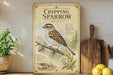 a vintage-style illustration of a chipping sparrow, with a potted plant and kitchen utensils in the background.