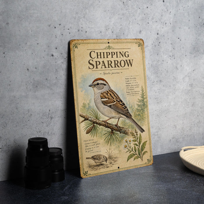 A vintage-style metal sign with illustrations and text about a chipping sparrow, placed on a gray countertop next to some black camera lenses.
